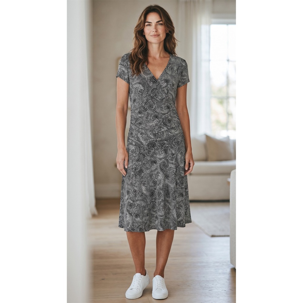 Apt. 9 Stretch Faux Wrap Dress Black White Swirl Dot Print Short Sleeve Medium